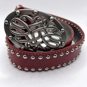 Kathy van Zeeland Statement Belt Small Red Silver Buckle Studs Wide Faux Leather